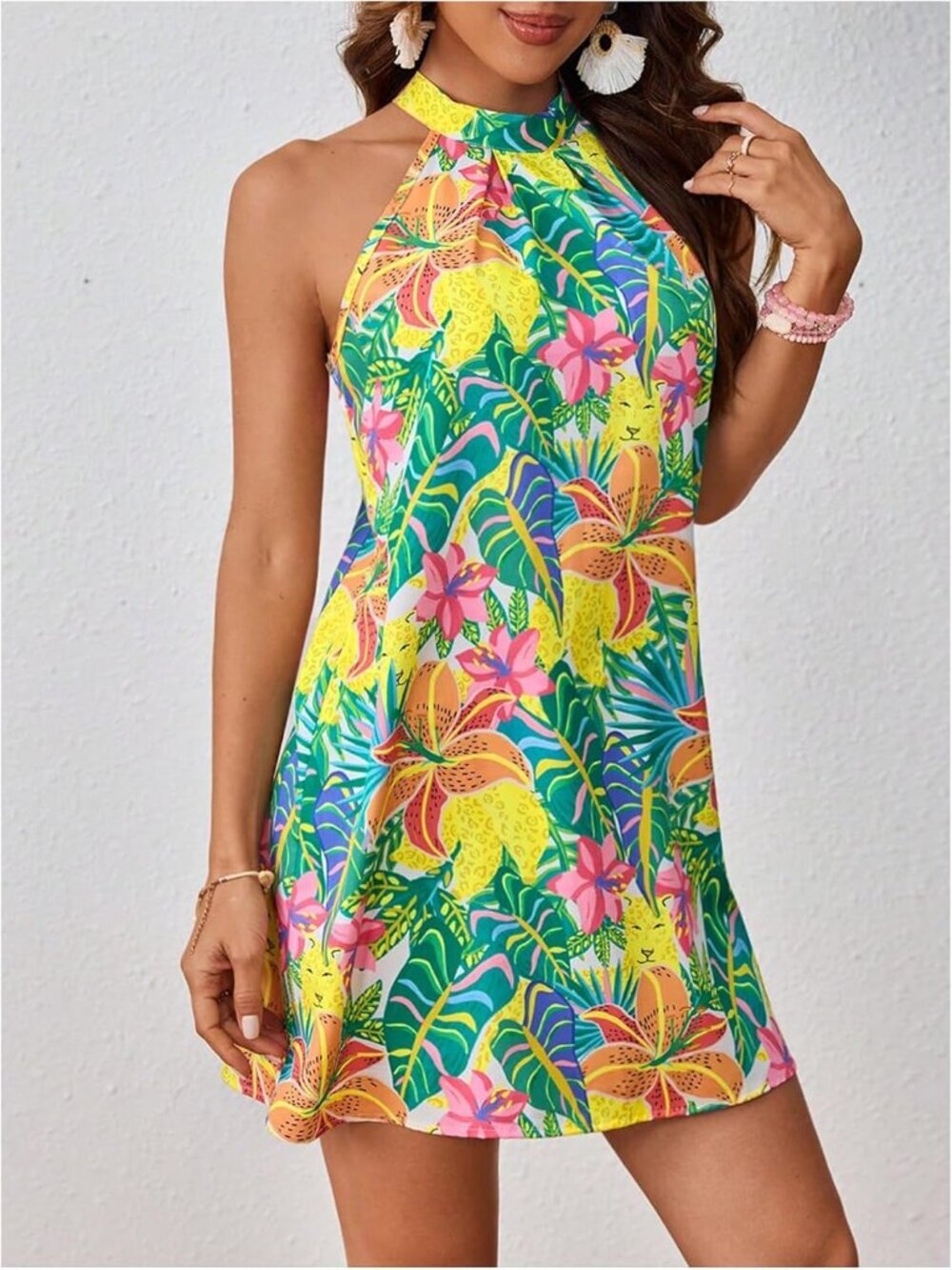 Women's Multi Floral Print Short Dress Sleeveless Halter Neck A Line Sundress - Picture 4 of 6